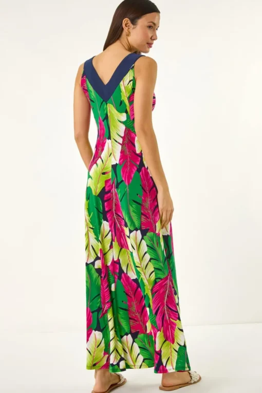 Roman Green Leaf Print Contrast Band Maxi Dress