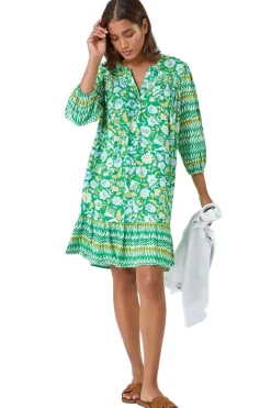 Roman Green Paisley Border Print Smock Dress