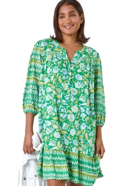 Roman Green Paisley Border Print Smock Dress
