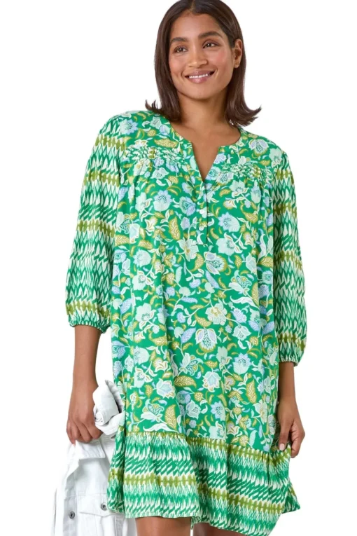 Roman Green Paisley Border Print Smock Dress