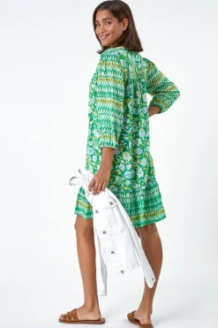 Roman Green Paisley Border Print Smock Dress