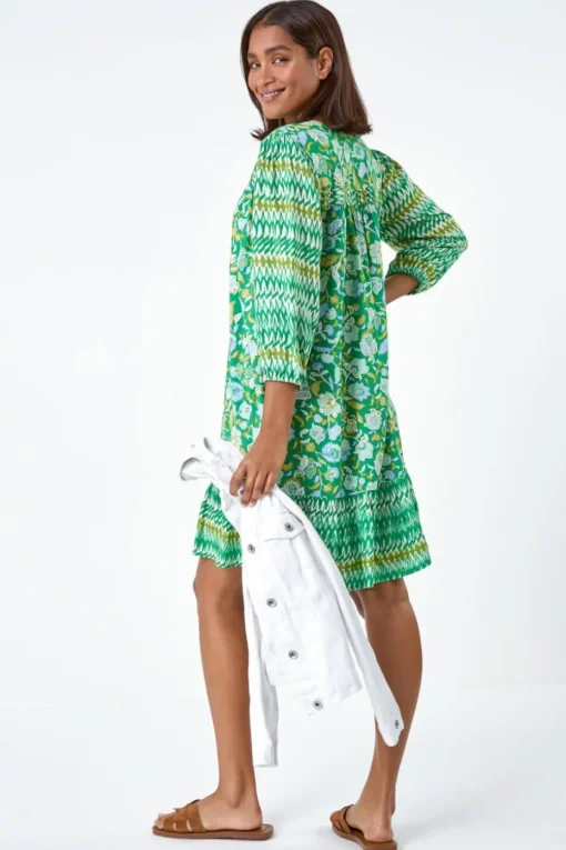 Roman Green Paisley Border Print Smock Dress
