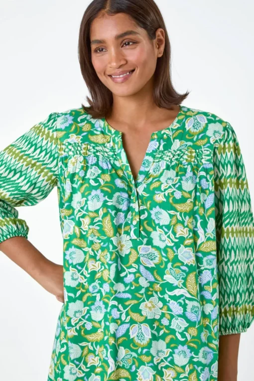 Roman Green Paisley Border Print Smock Dress