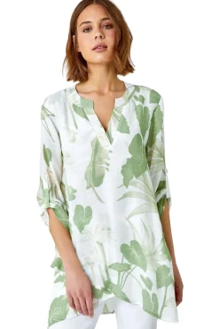 Roman Green Palm Print V-Neck Wrap Hem Tunic Top
