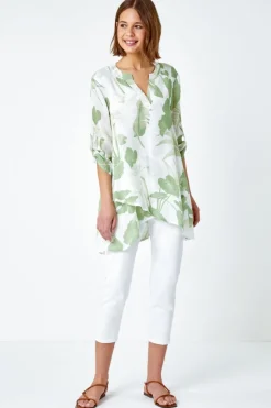 Roman Green Palm Print V-Neck Wrap Hem Tunic Top