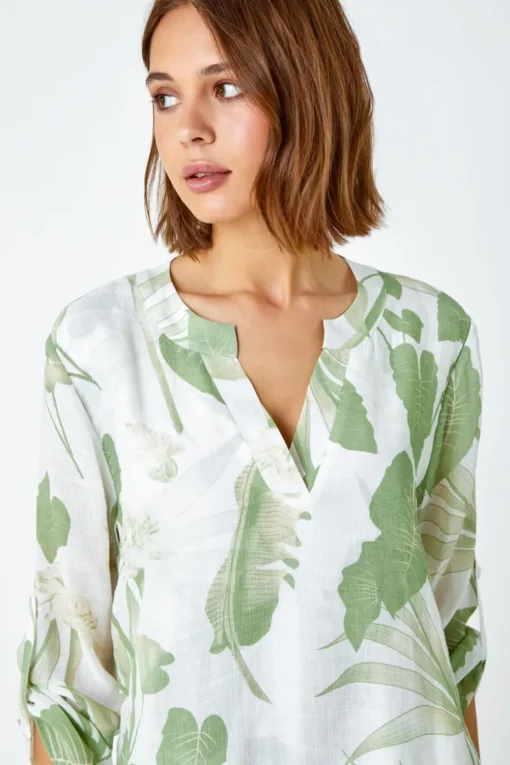 Roman Green Palm Print V-Neck Wrap Hem Tunic Top