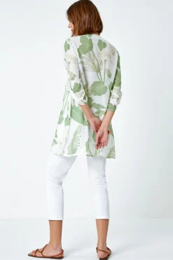 Roman Green Palm Print V-Neck Wrap Hem Tunic Top
