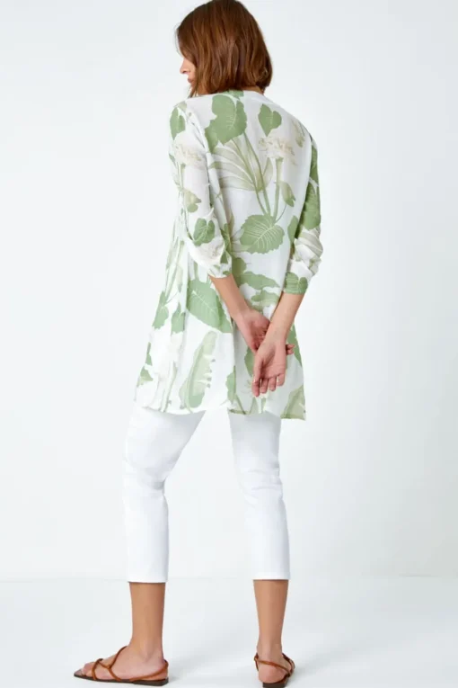 Roman Green Palm Print V-Neck Wrap Hem Tunic Top