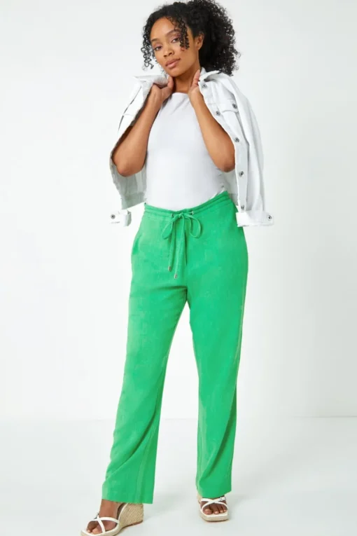 Roman Green Petite Linen Mix Elastic Waist Tie Front Trousers