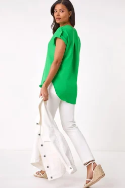 Roman Green Pleated Notch Neck Top