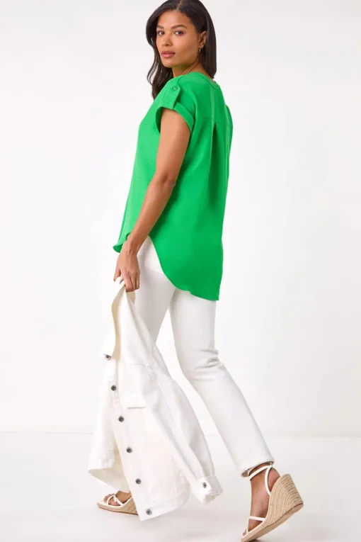 Roman Green Pleated Notch Neck Top