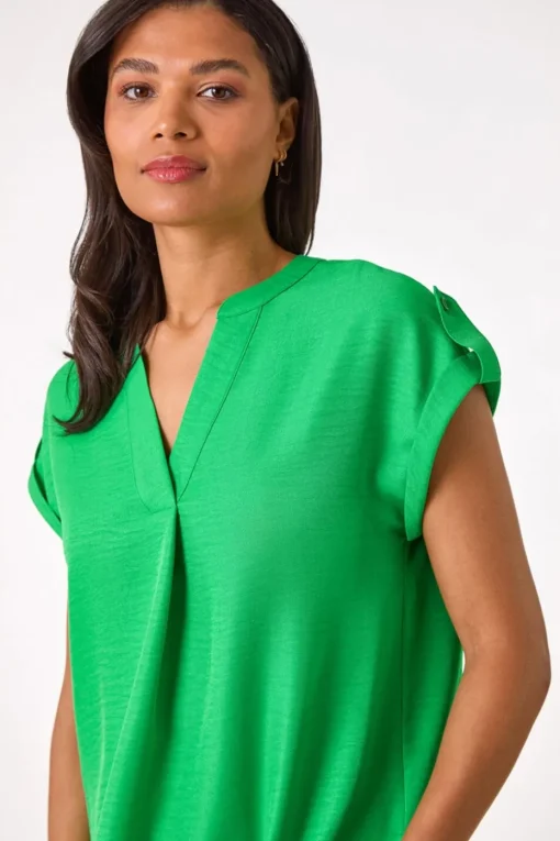 Roman Green Pleated Notch Neck Top