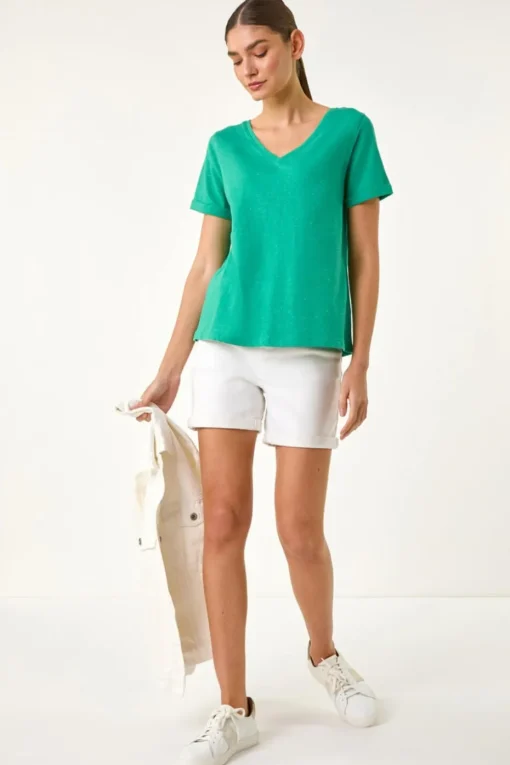 Roman Green Shimmer V-Neck Top
