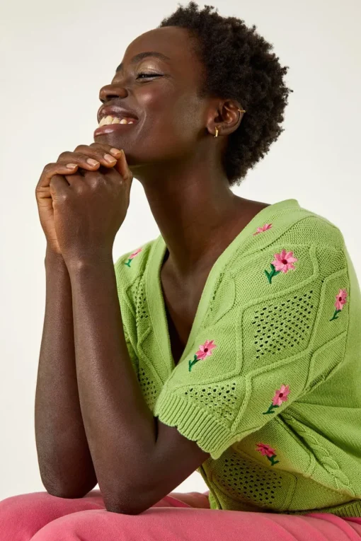 Roman Green Textured Floral Embroidered Cardigan