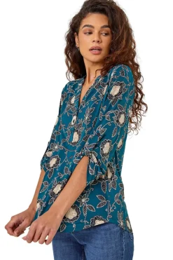 Roman Green Textured Floral Print Notch Neck Top