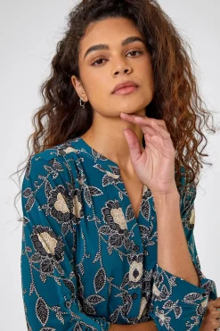 Roman Green Textured Floral Print Notch Neck Top