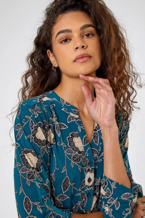 Roman Green Textured Floral Print Notch Neck Top