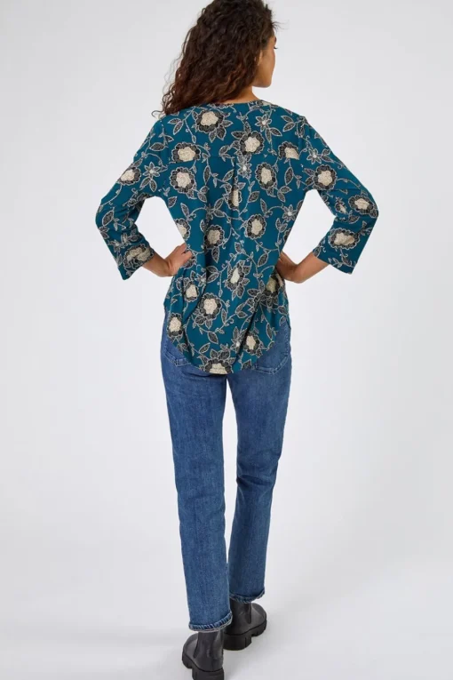 Roman Green Textured Floral Print Notch Neck Top