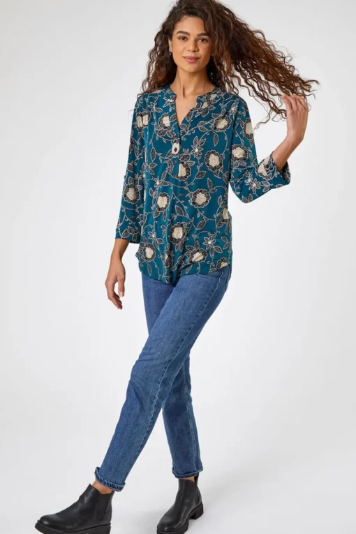 Roman Green Textured Floral Print Notch Neck Top