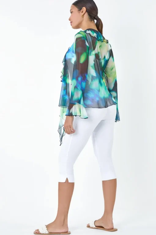 Roman Green Tie Frill Detail V Neck Stretch Mesh Top