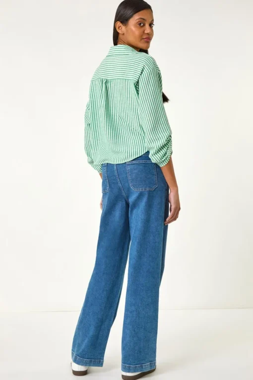 Roman Green Twisted Hem Striped Shirt