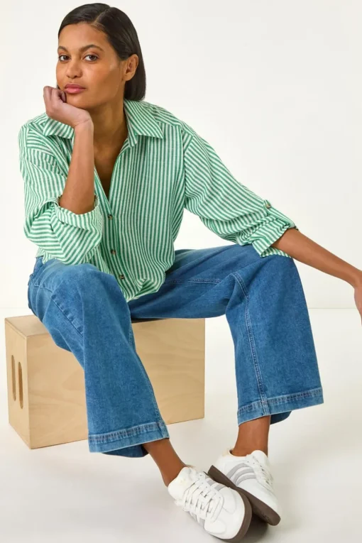 Roman Green Twisted Hem Striped Shirt