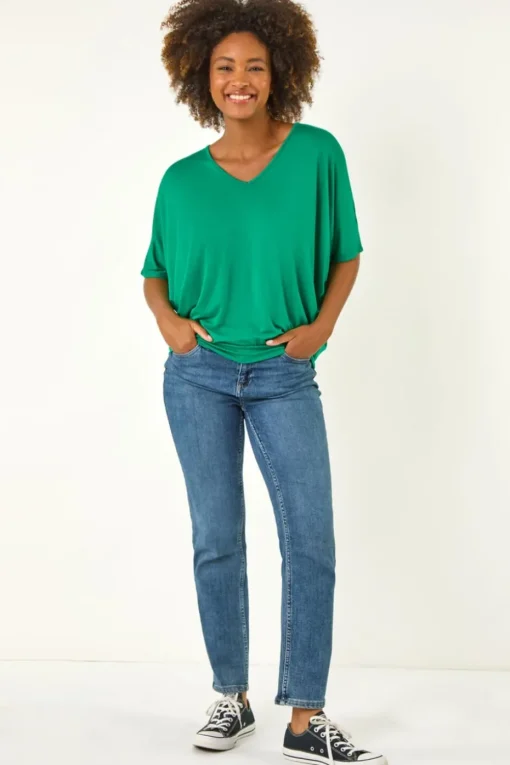 Roman Green V Neck Grown On Sleeve Stretch Top