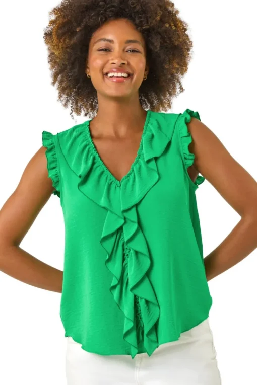 Roman Green V-Neck Ruffle Front Vest Top