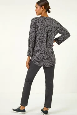 Roman Grey Animal Print Stretch Blouse