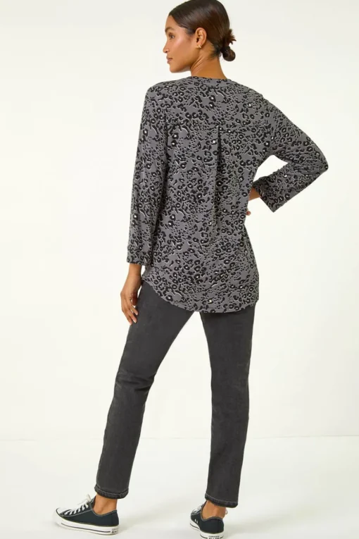 Roman Grey Animal Print Stretch Blouse