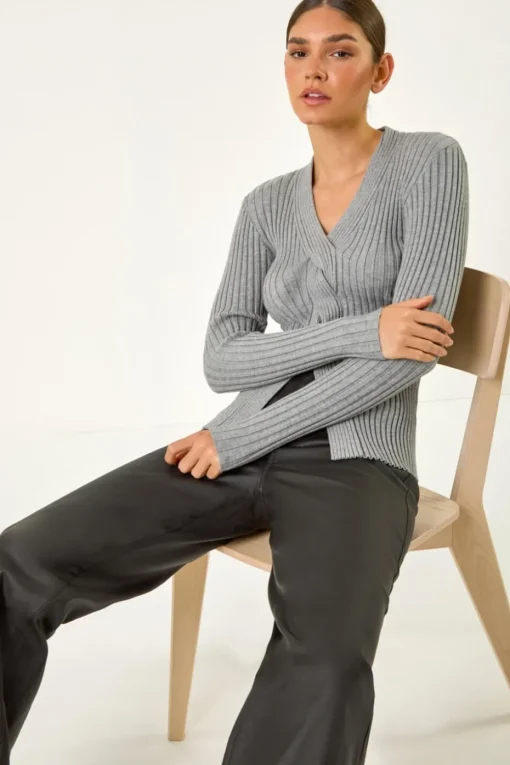Roman Grey Cable Split Detail Rib Jumper