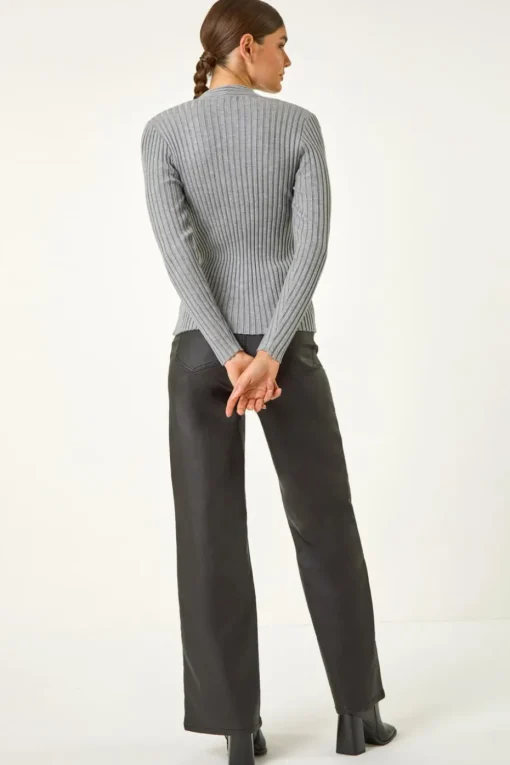 Roman Grey Cable Split Detail Rib Jumper