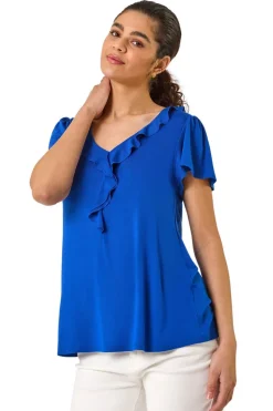 Roman Ink Blue Ruffle Front Stretch Top
