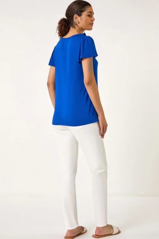 Roman Ink Blue Ruffle Front Stretch Top