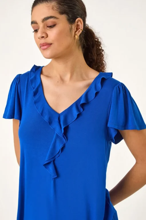 Roman Ink Blue Ruffle Front Stretch Top