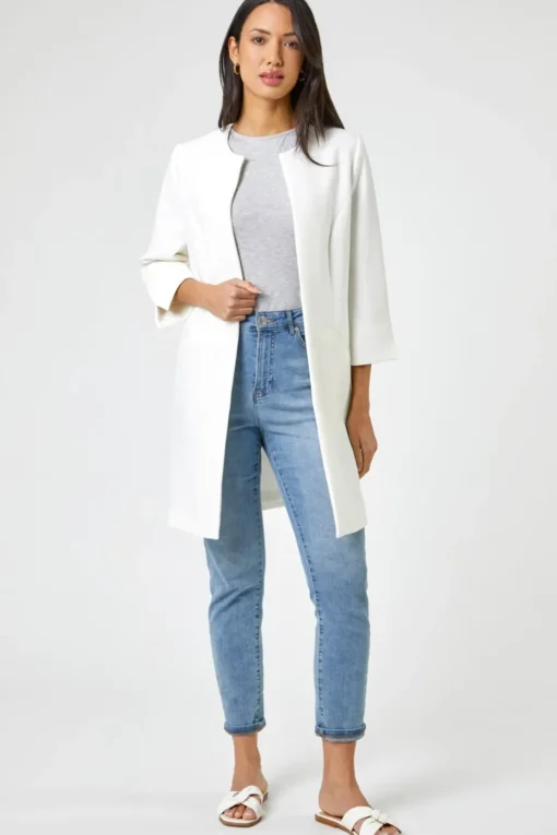 Roman Ivory 3/4 Sleeve Textured Longline Jacket