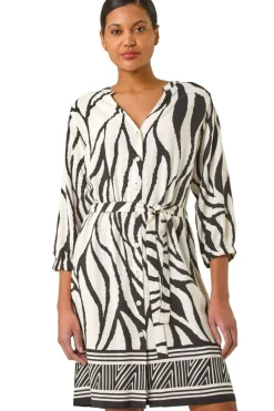 Roman Ivory Abstract Border Tie Shirt Dress