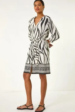 Roman Ivory Abstract Border Tie Shirt Dress