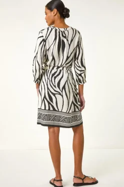 Roman Ivory Abstract Border Tie Shirt Dress