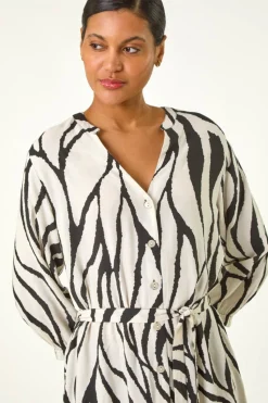 Roman Ivory Abstract Border Tie Shirt Dress
