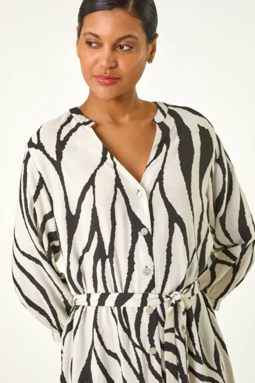 Roman Ivory Abstract Border Tie Shirt Dress