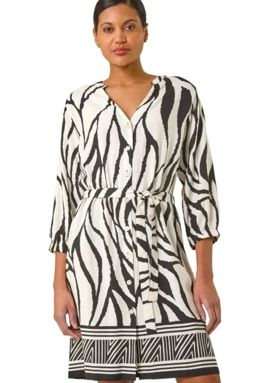 Roman Ivory Abstract Border Tie Shirt Dress