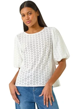 Roman Ivory Broderie Puff Sleeve Top