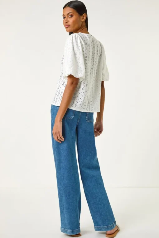 Roman Ivory Broderie Puff Sleeve Top