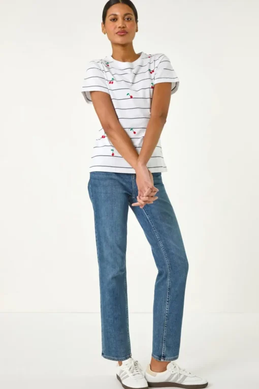 Roman Ivory Cherry Embroidered Stripe T Shirt