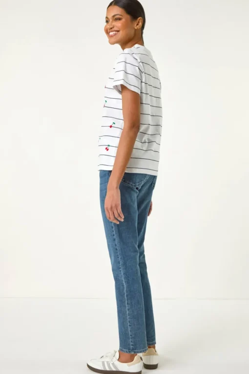 Roman Ivory Cherry Embroidered Stripe T Shirt