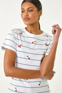 Roman Ivory Cherry Embroidered Stripe T Shirt