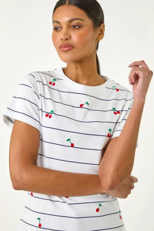 Roman Ivory Cherry Embroidered Stripe T Shirt