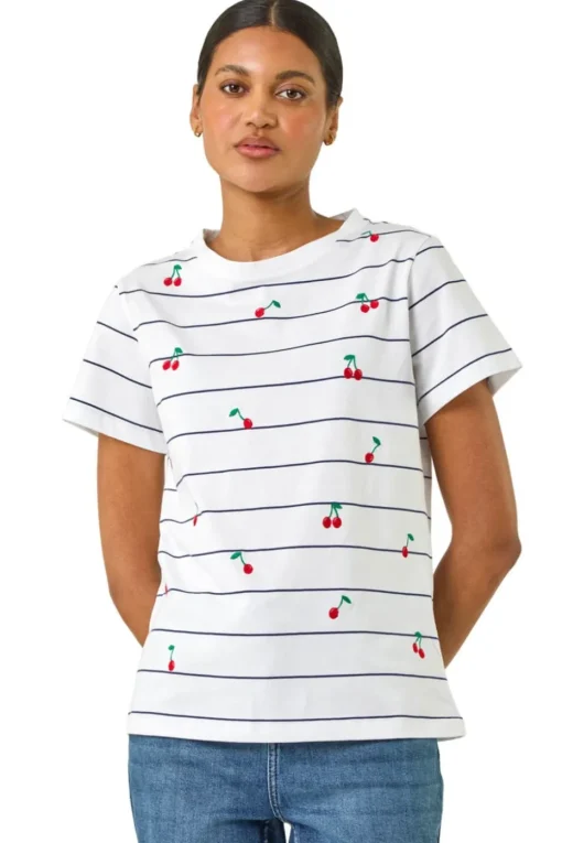 Roman Ivory Cherry Embroidered Stripe T Shirt