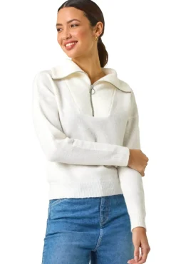 Roman Ivory Collar Zip Neck Knit Jumper